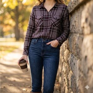 Sanctuary Womens Black Plaid Collared Button-Up Rayon Long Sleeve Size M